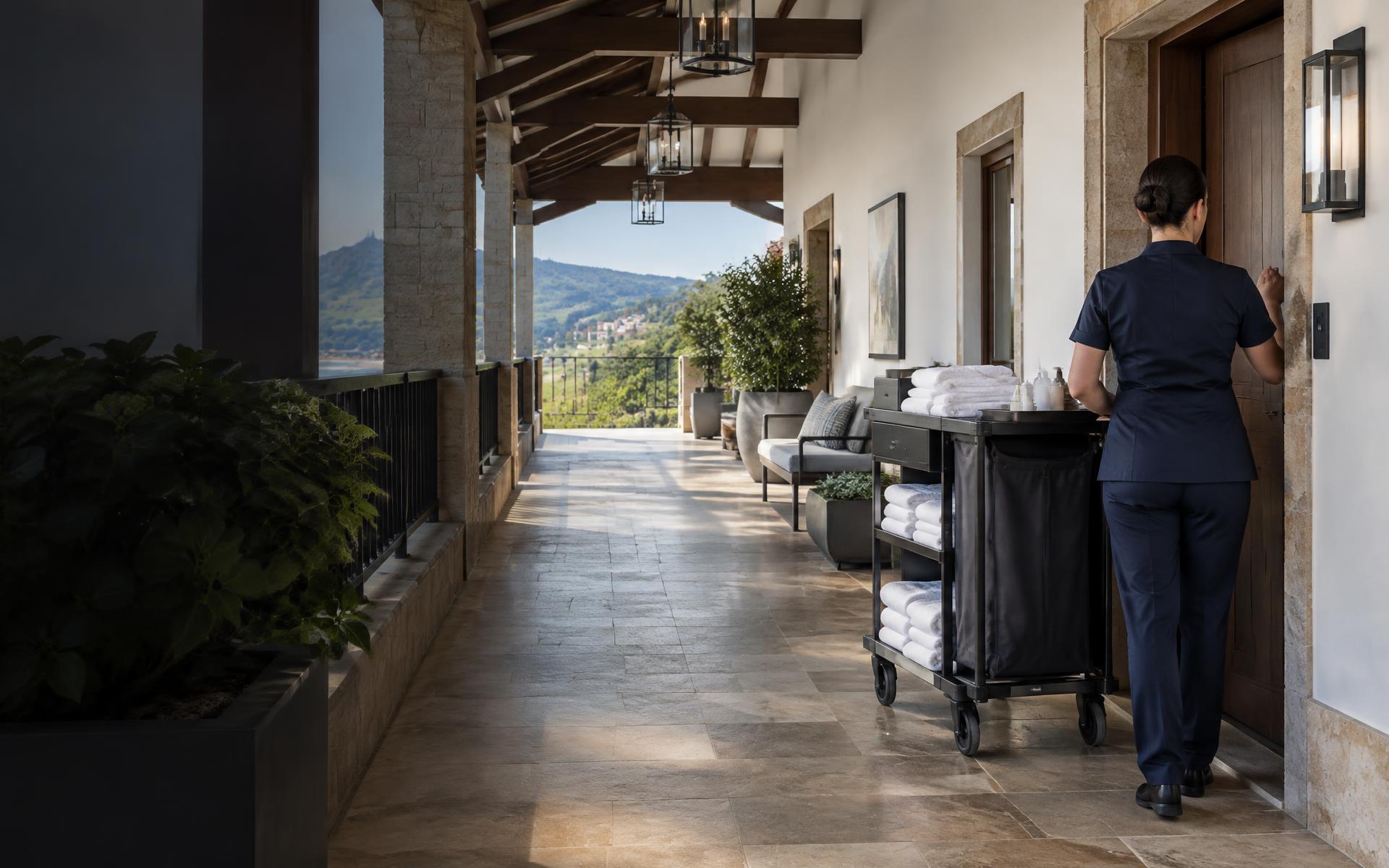 Profesional de housekeeping preparando el acceso a un alojamiento turístico
