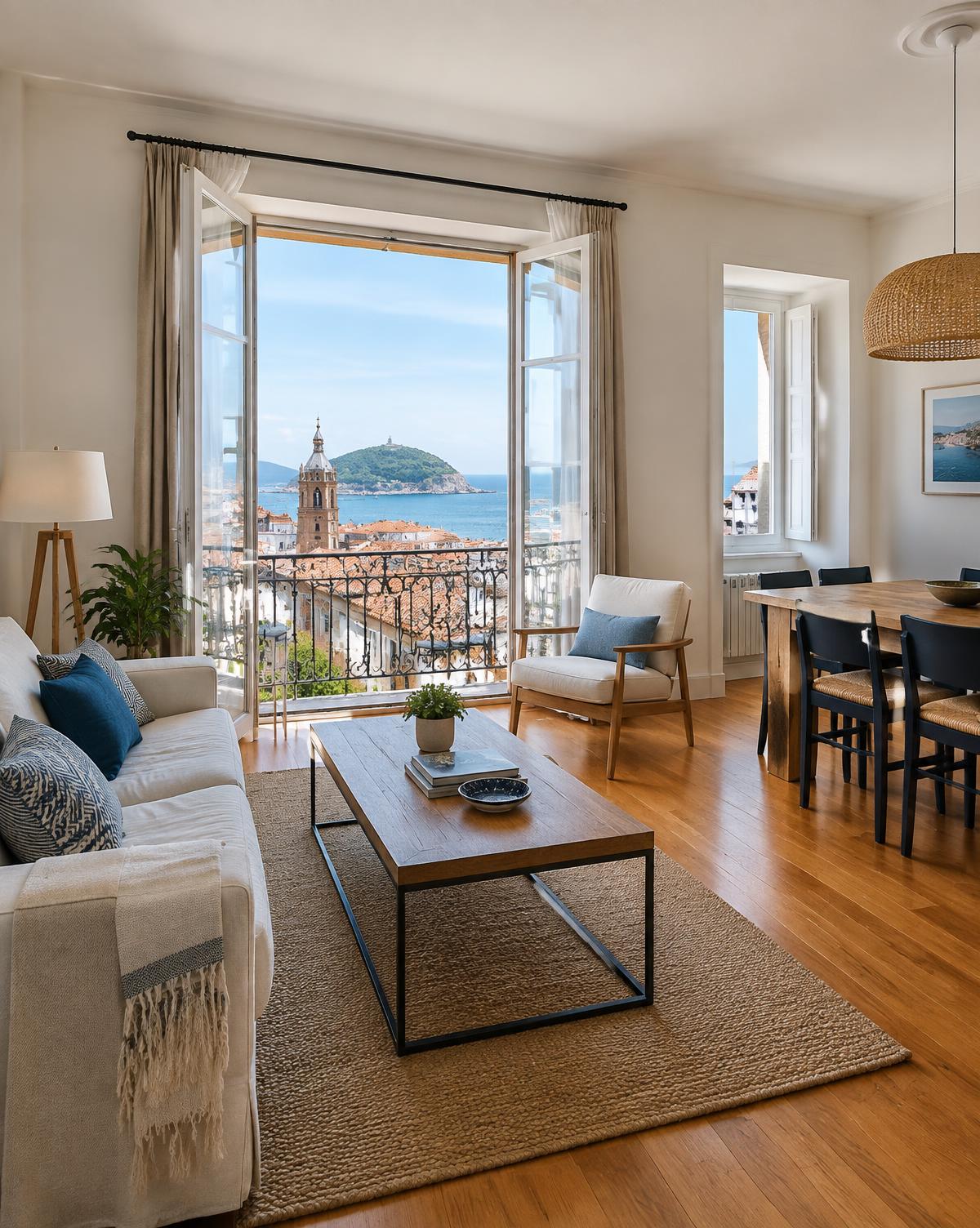 Interior de apartamento turístico con balcón sobre un casco histórico costero