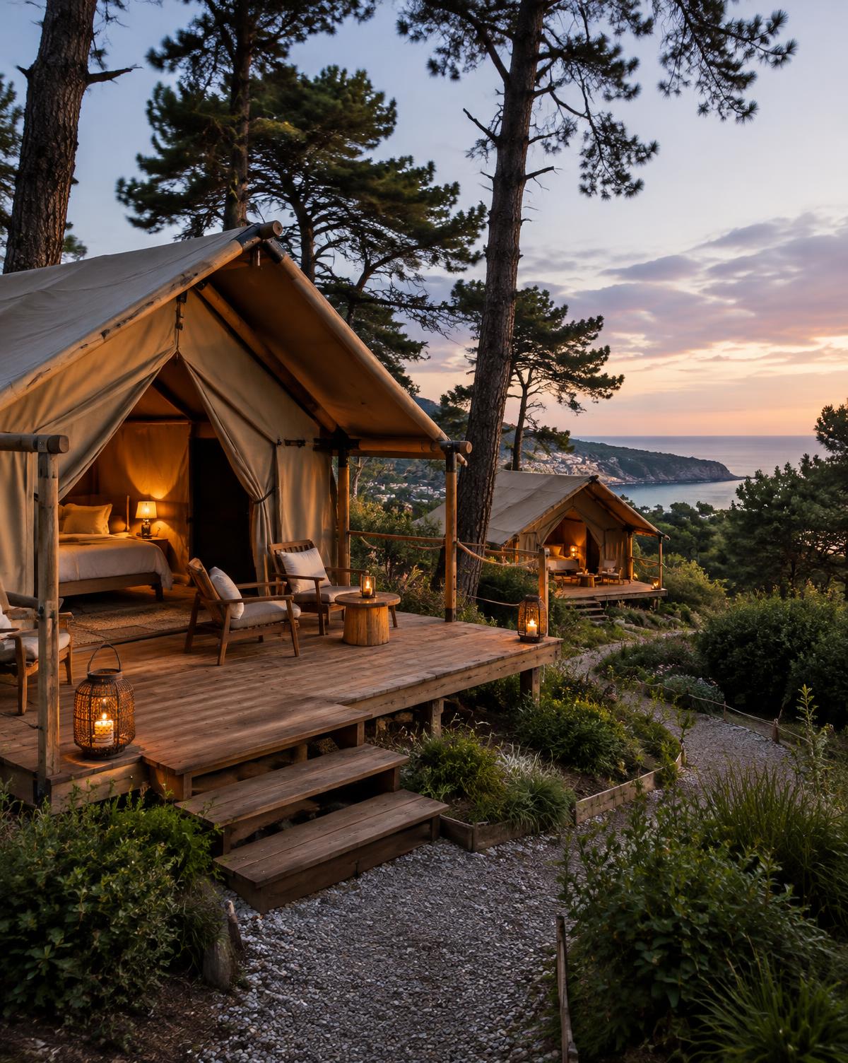 Tiendas de glamping con terraza de madera entre pinos cerca de la costa