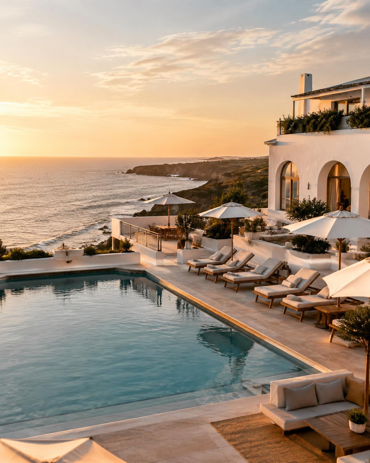 Terraza con piscina de un hotel junto al mar al atardecer